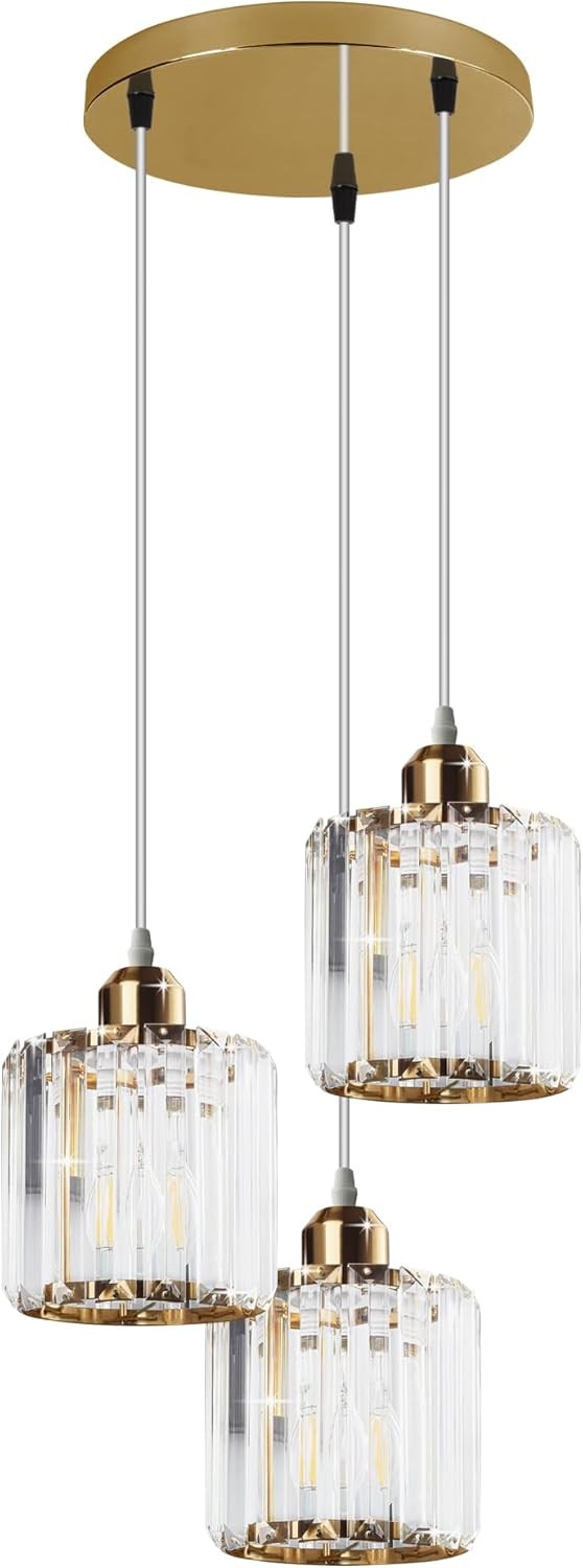 3-Light Pendant – Wine Bottle, Crystal or Wire Cage Shades, E27 - Standard, Crystal Cage Gold, Round Plate, T45 LED Bulb 4W