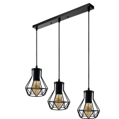 3-Light Pendant – Wine Bottle, Crystal or Wire Cage Shades, E27 - Standard, Diamond Cage Black, Bar, Without Bulb