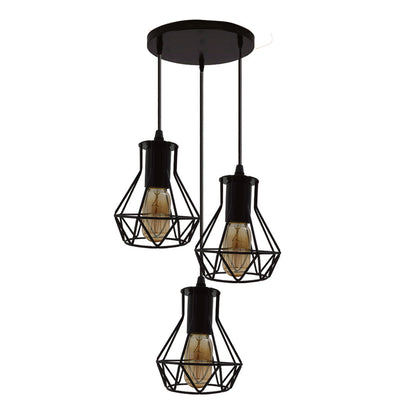 3-Light Pendant – Wine Bottle, Crystal or Wire Cage Shades, E27 - Standard, Diamond Cage Black, Round Plate, T45 LED Bulb 4W