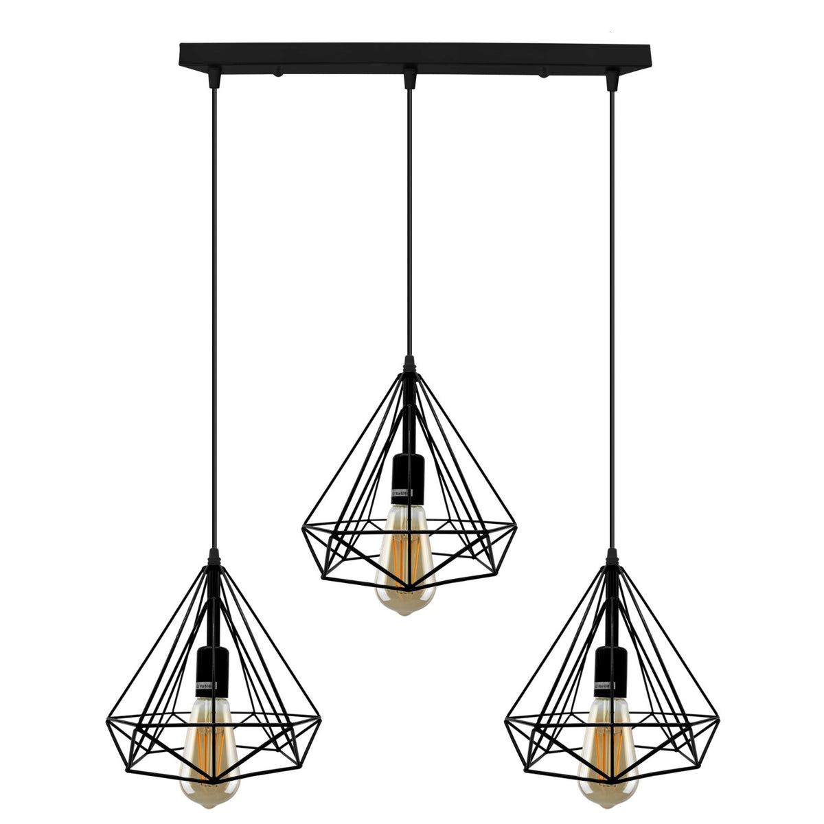 3-Light Pendant – Wine Bottle, Crystal or Wire Cage Shades, E27 - Standard, Geometric Cage Black, Bar, Without Bulb