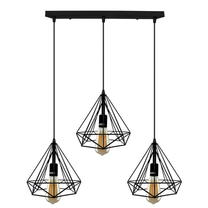 3-Light Pendant – Wine Bottle, Crystal or Wire Cage Shades, E27 - Standard, Geometric Cage Black, Bar, Without Bulb