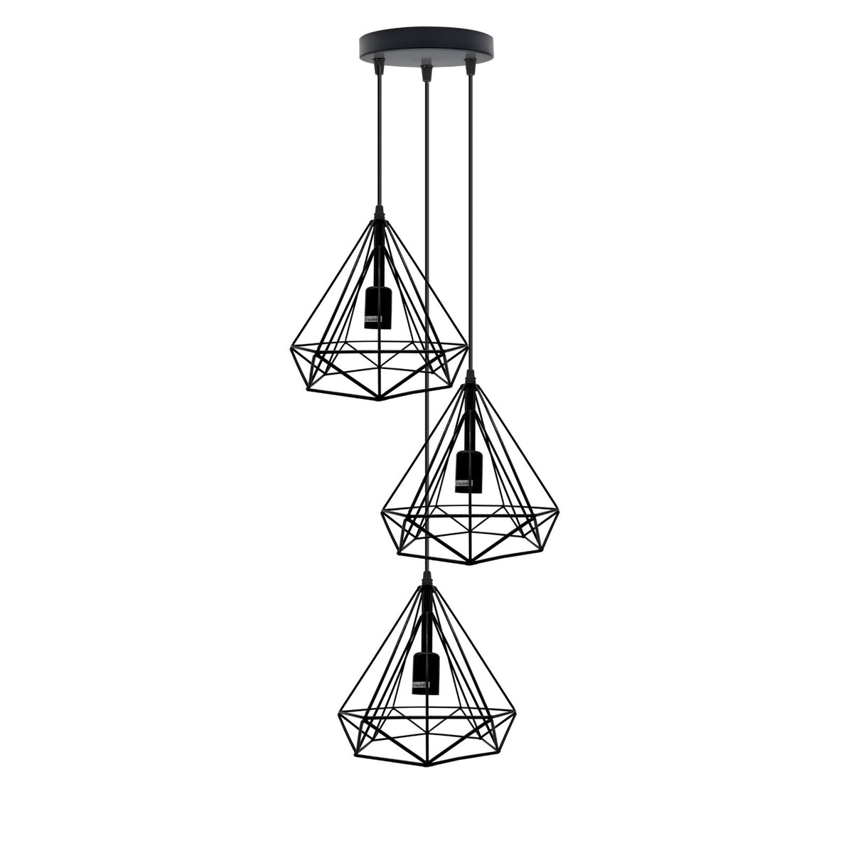3-Light Pendant – Wine Bottle, Crystal or Wire Cage Shades, E27 - Standard, Geometric Cage Black, Round Plate, Without Bulb