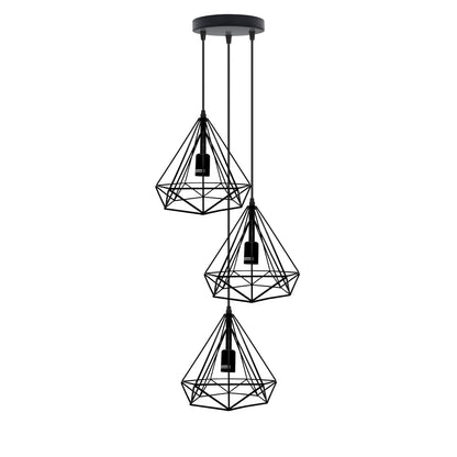 3-Light Pendant – Wine Bottle, Crystal or Wire Cage Shades, E27 - Standard, Geometric Cage Black, Round Plate, Without Bulb