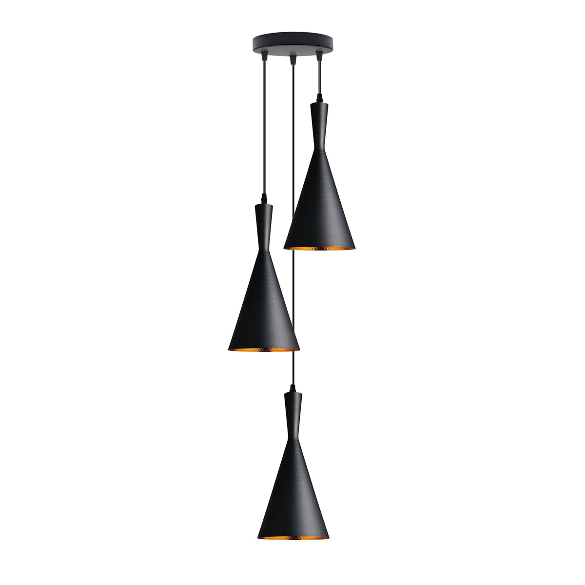 3-Light Pendant – Wine Bottle, Crystal or Wire Cage Shades, E27 - Standard, Long Cone 19 cm Black & Gold, Round Plate, Without Bulb
