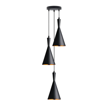 3-Light Pendant – Wine Bottle, Crystal or Wire Cage Shades, E27 - Standard, Long Cone 19 cm Black & Gold, Round Plate, Without Bulb