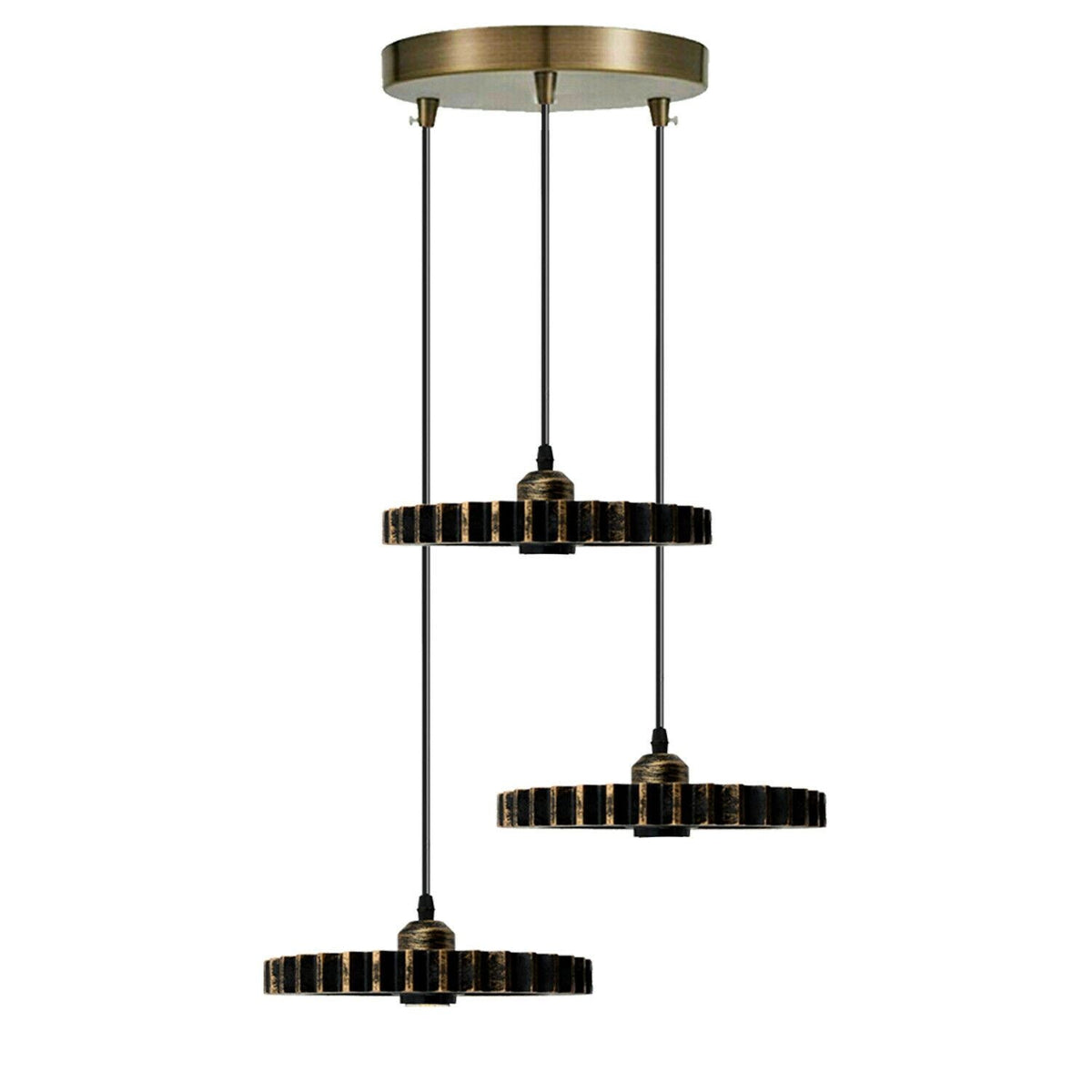 3-Light Pendant – Wine Bottle, Crystal or Wire Cage Shades, E27 - Standard, Gear Wheel 20 cm Brushed Copper, Round Plate, Without Bulb
