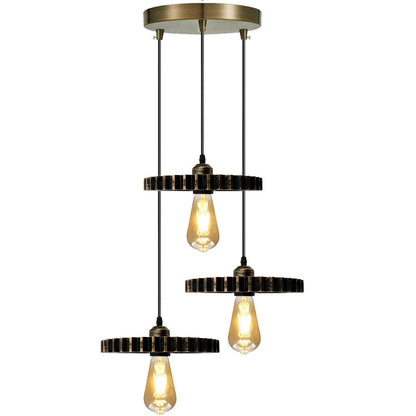 3-Light Pendant – Wine Bottle, Crystal or Wire Cage Shades, E27 - Standard, Gear Wheel 20 cm Brushed Copper, Round Plate, ST64 Bulb