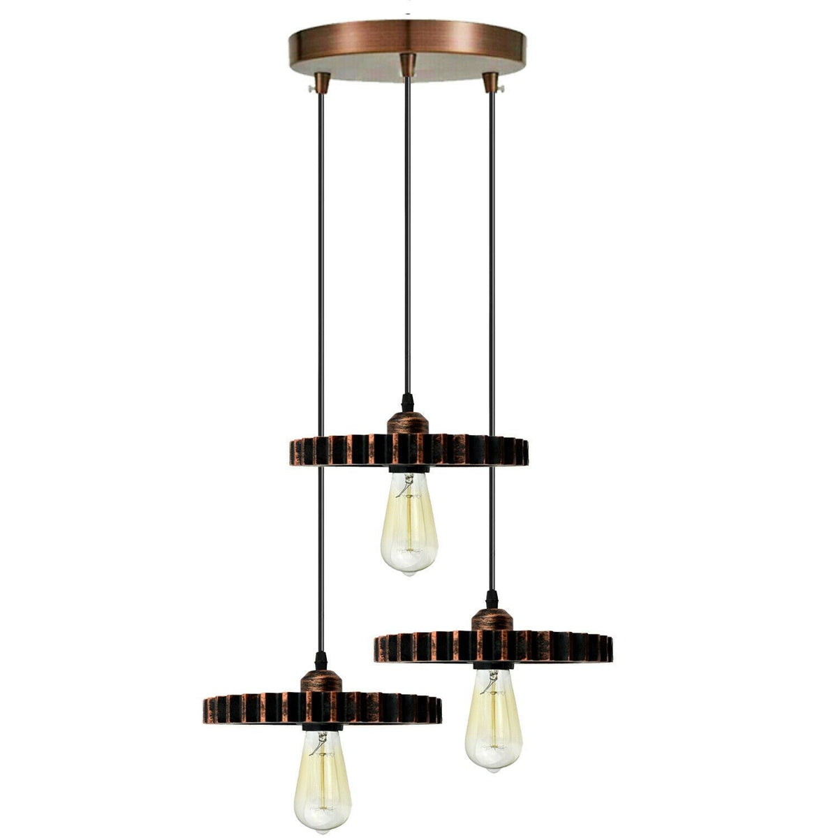 3-Light Pendant – Wine Bottle, Crystal or Wire Cage Shades, E27 - Standard, Gear Wheel 20 cm Rustic Red, Round Plate, ST64 Bulb