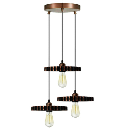 3-Light Pendant – Wine Bottle, Crystal or Wire Cage Shades, E27 - Standard, Gear Wheel 20 cm Rustic Red, Round Plate, ST64 Bulb