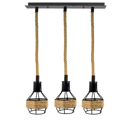 3-Light Pendant – Wine Bottle, Crystal or Wire Cage Shades, E27 - Standard, Rope Cage Black, Bar, ST64 Bulb