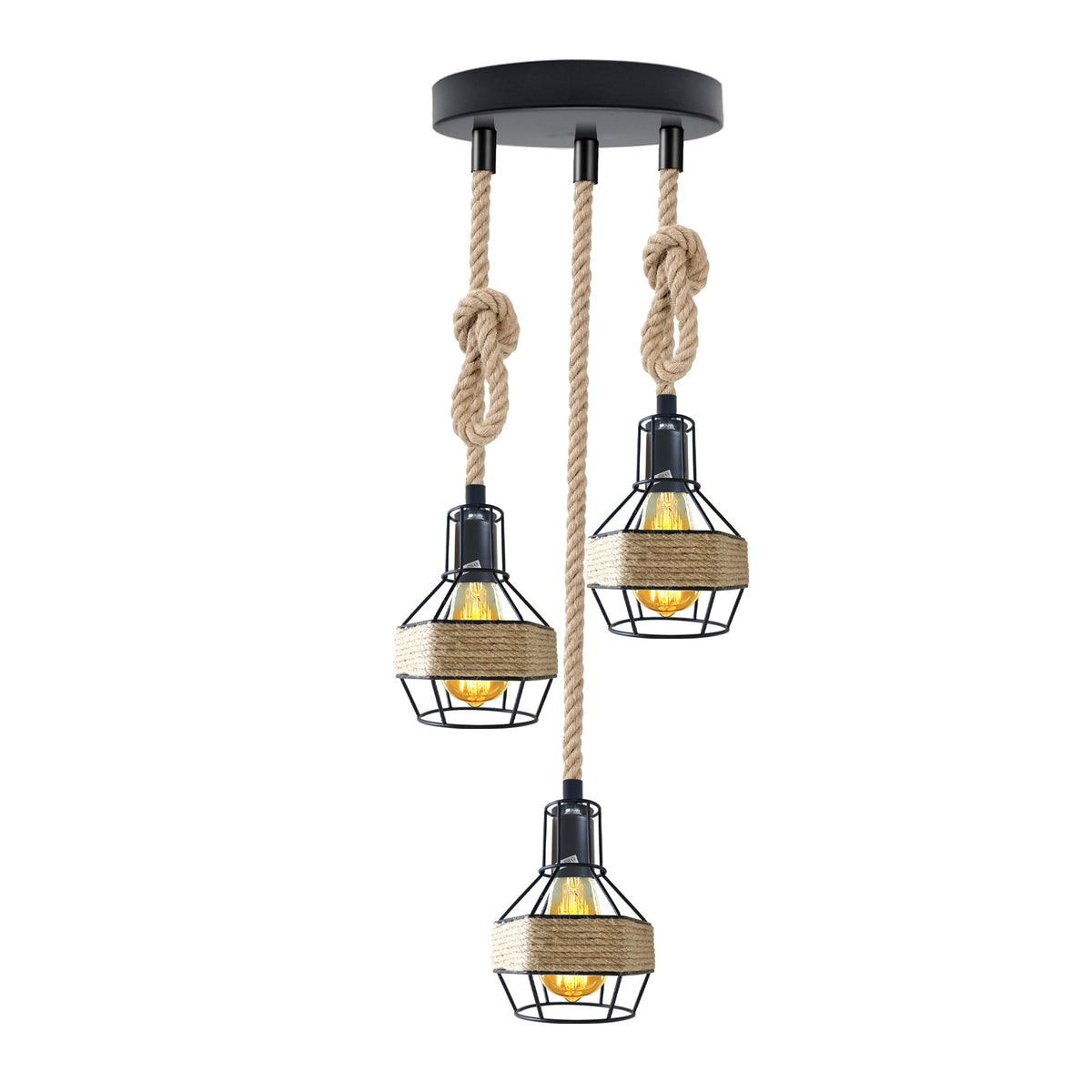 3-Light Pendant – Wine Bottle, Crystal or Wire Cage Shades, E27 - Standard, Rope Cage Black, Round Plate, ST64 Bulb