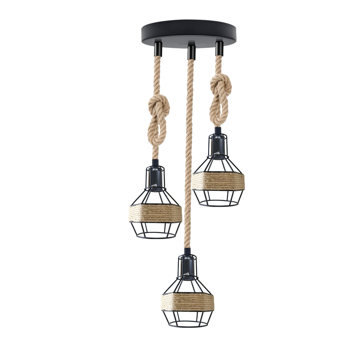 3-Light Pendant – Wine Bottle, Crystal or Wire Cage Shades, E27 - Standard, Rope Cage Black, Round Plate, Without Bulb