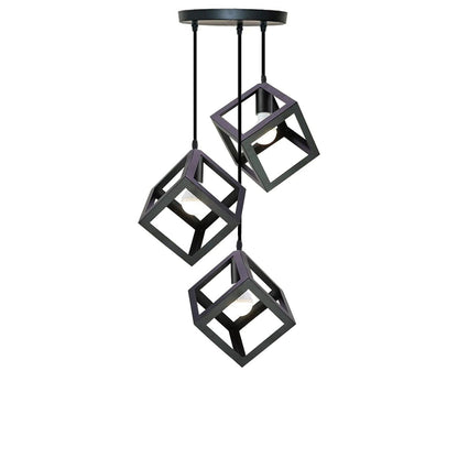3-Light Pendant – Wine Bottle, Crystal or Wire Cage Shades, E27 - Standard, Cube Cage Black, Round Plate, Without Bulb