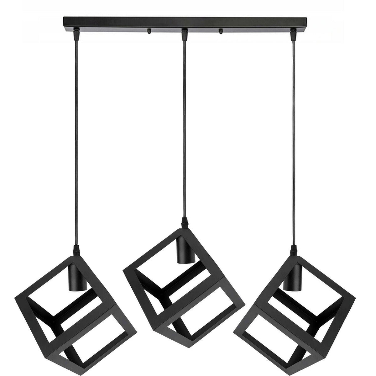 3-Light Pendant – Wine Bottle, Crystal or Wire Cage Shades, E27 - Standard, Cube Cage Black, Bar, Without Bulb