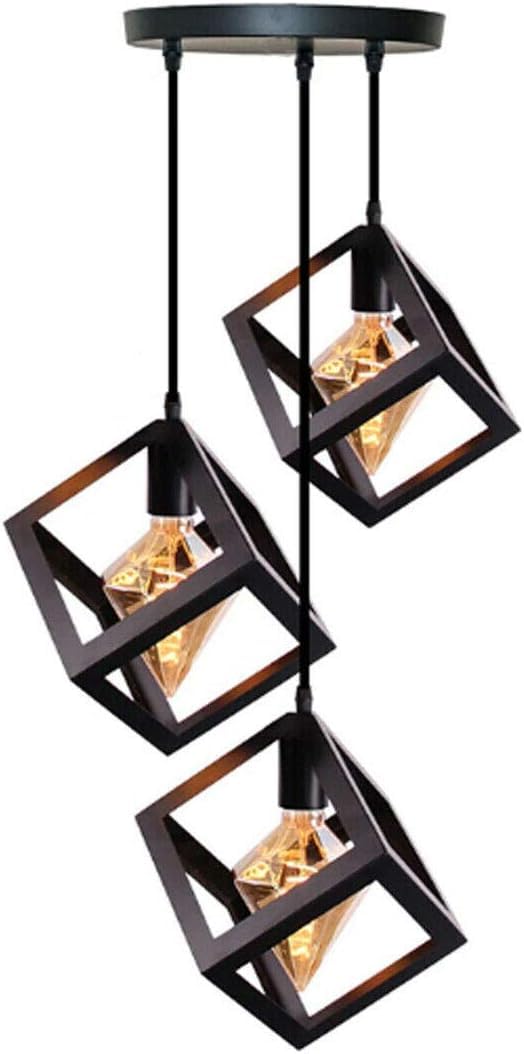 3-Light Pendant – Wine Bottle, Crystal or Wire Cage Shades, E27 - Standard, Cube Cage Black, Round Plate, ST64 LED Bulb 4W