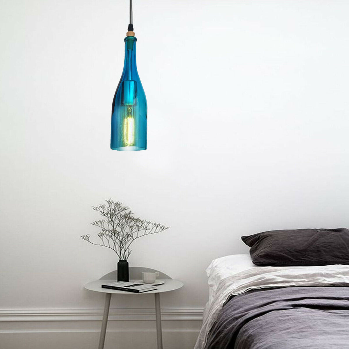 3-Light Pendant – Wine Bottle, Crystal or Wire Cage Shades, E27 - Standard, Wine Bottle Blue, Round Plate, Without Bulb