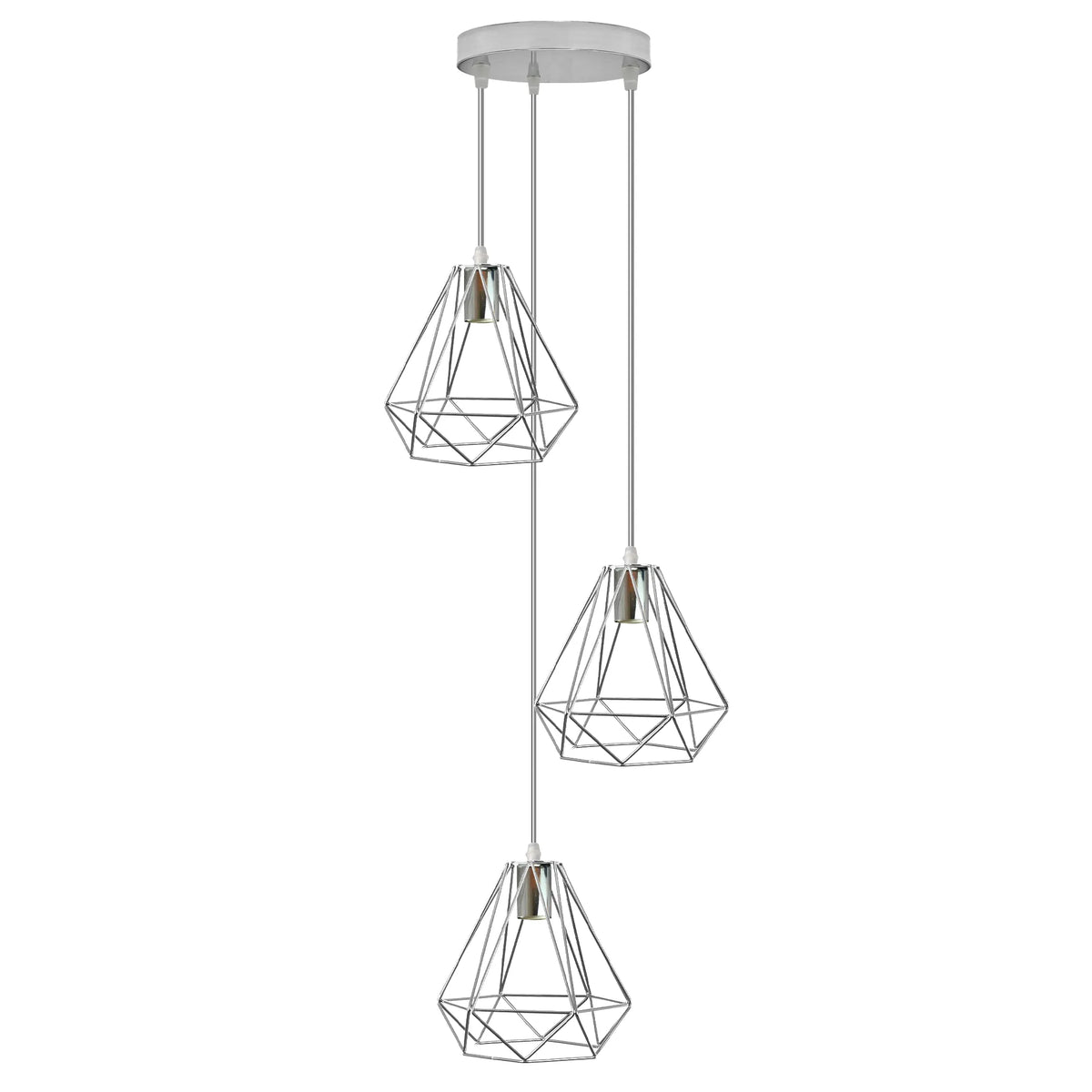 3-Light Pendant – Wine Bottle, Crystal or Wire Cage Shades, E27 - Standard, Diamond Wire Cage Chrome, Round Plate, Without Bulb