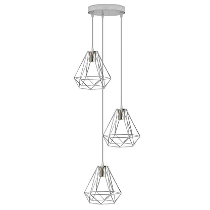 3-Light Pendant – Wine Bottle, Crystal or Wire Cage Shades, E27 - Standard, Diamond Wire Cage Chrome, Round Plate, Without Bulb