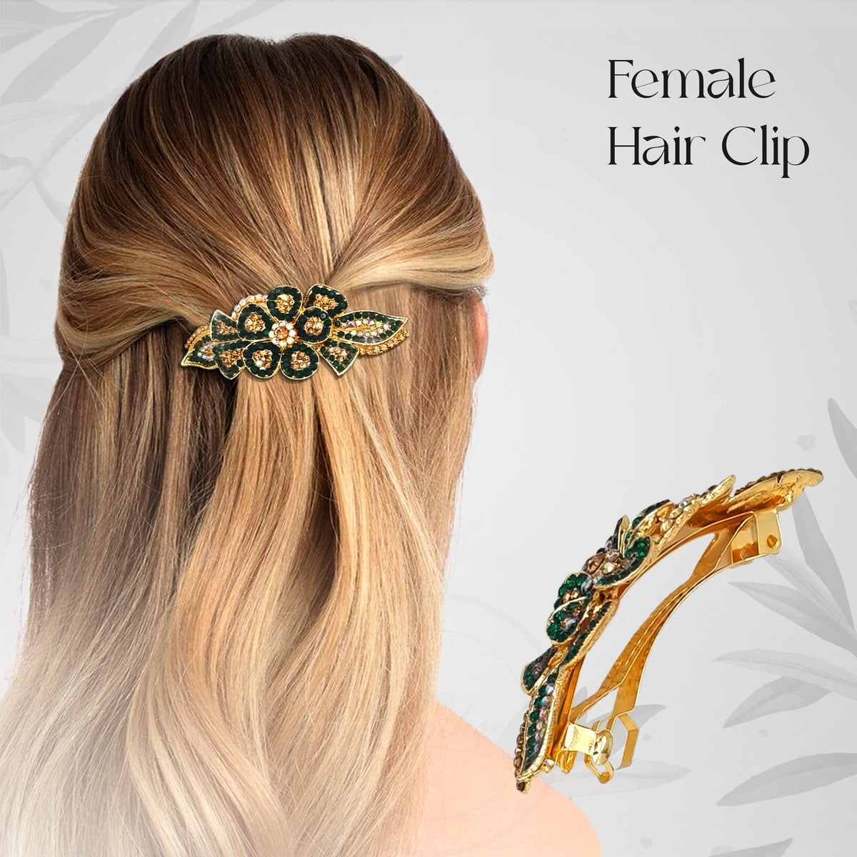 Vintage Floral Hair Barrette – Green Crystals on Gold-Tone Metal, 9 cm - photo 2