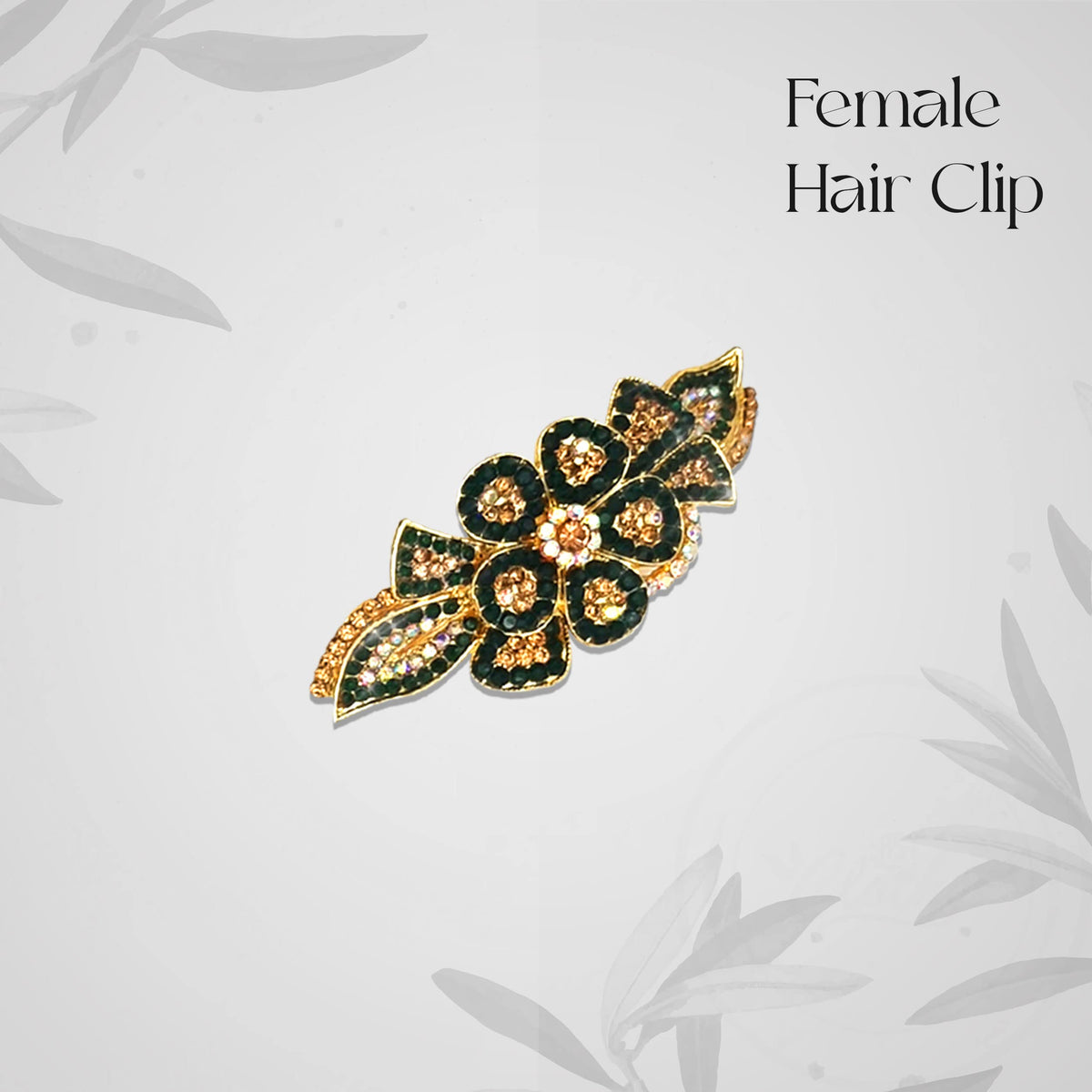 Vintage Floral Hair Barrette – Green Crystals on Gold-Tone Metal, 9 cm - photo 3