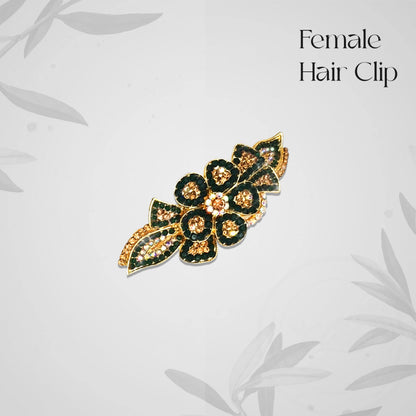 Vintage Floral Hair Barrette – Green Crystals on Gold-Tone Metal, 9 cm - photo 3