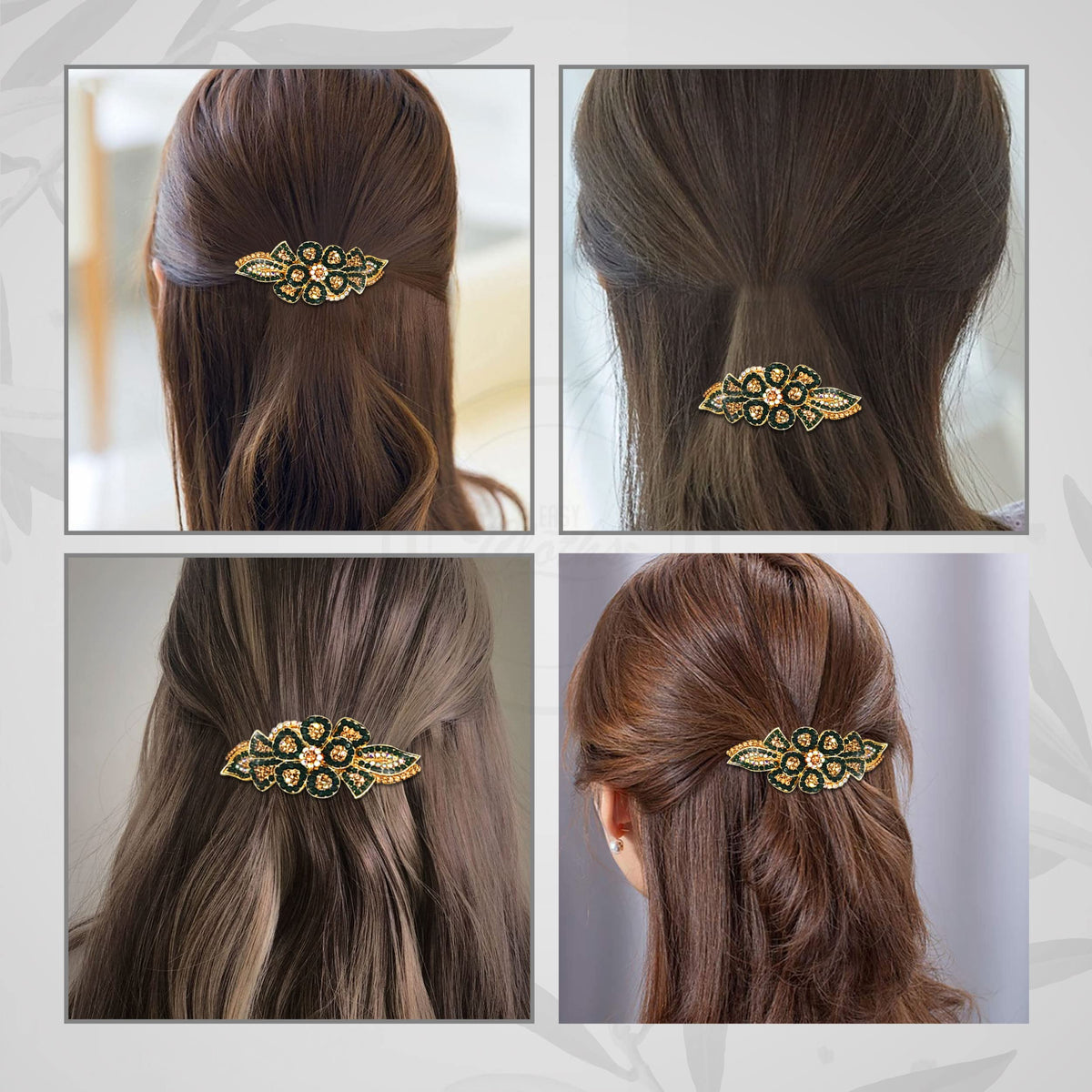 Vintage Floral Hair Barrette – Green Crystals on Gold-Tone Metal, 9 cm - photo 5