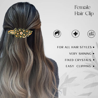 Vintage Floral Hair Barrette – Green Crystals on Gold-Tone Metal, 9 cm - photo 6