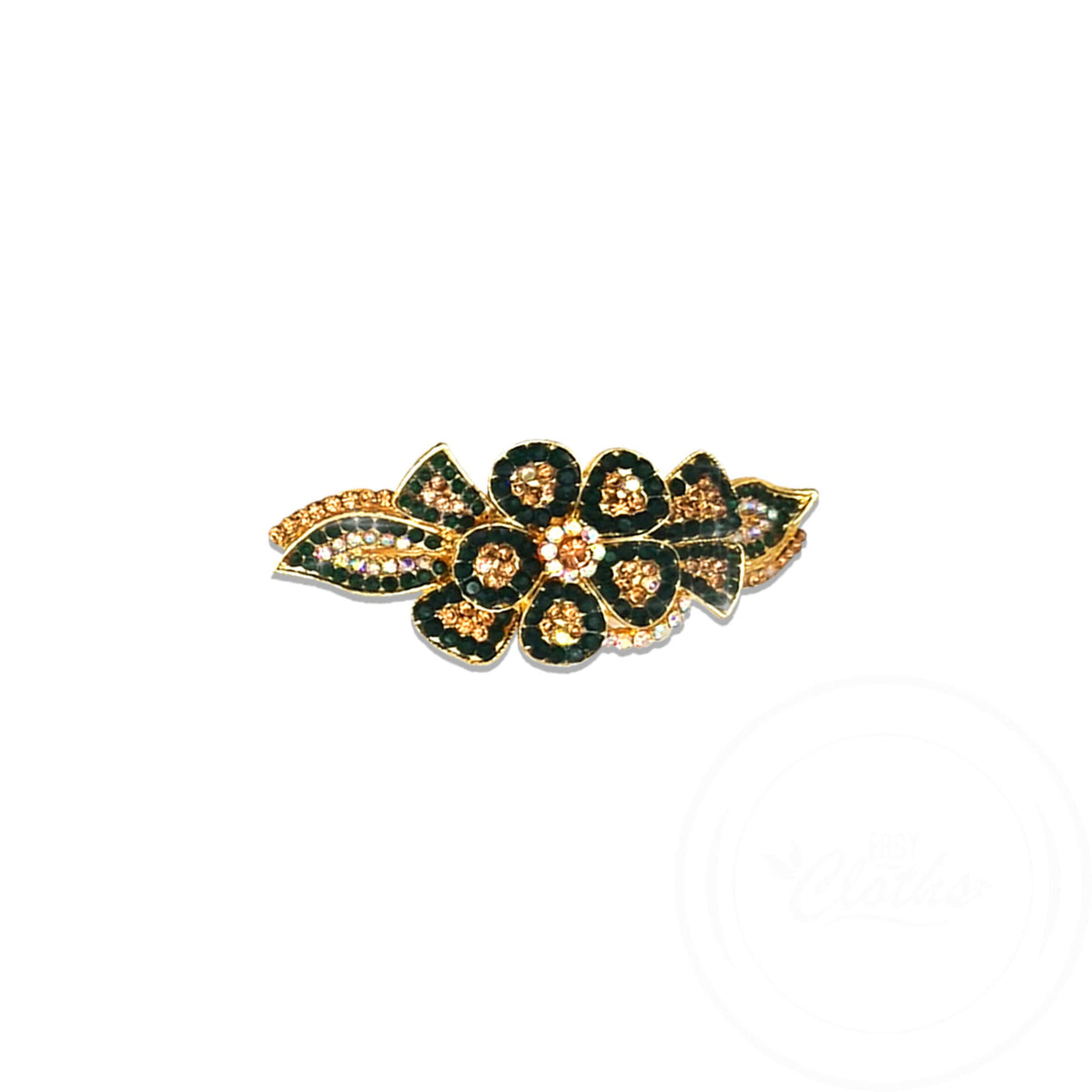 Vintage Floral Hair Barrette – Green Crystals on Gold-Tone Metal, 9 cm