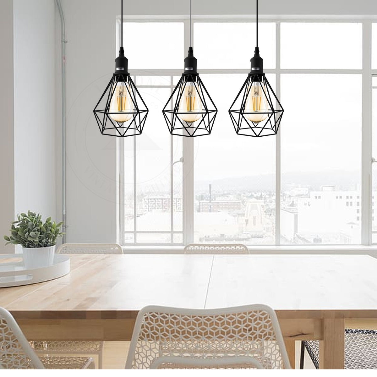 3-Light Diamond Cage Pendant – Black, Round Plate or Bar - photo 4