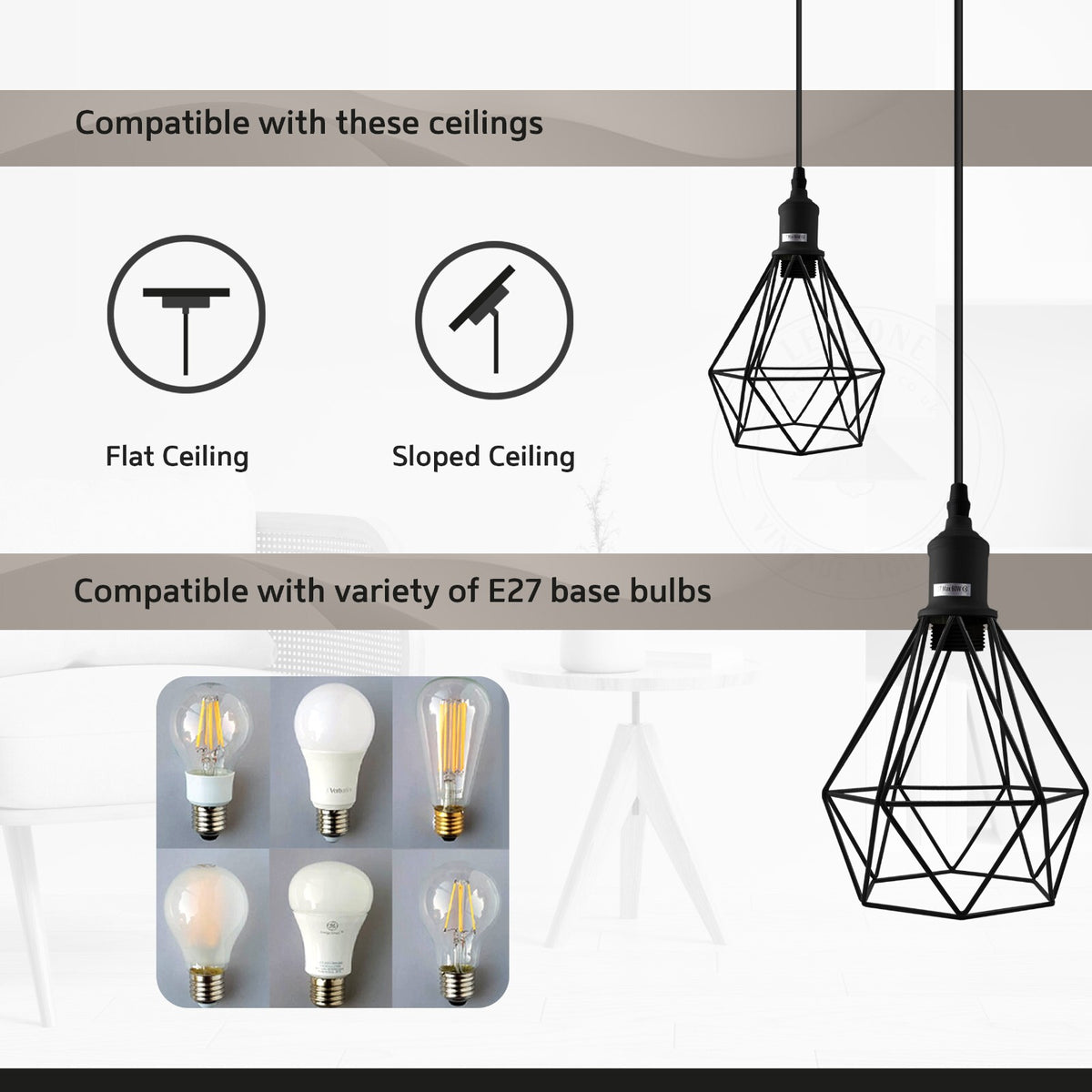 3-Light Diamond Cage Pendant – Black, Round Plate or Bar - photo 5