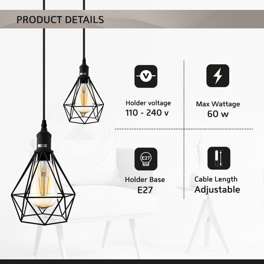 3-Light Diamond Cage Pendant – Black, Round Plate or Bar - photo 2