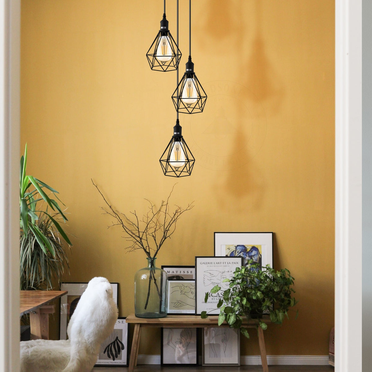 3-Light Diamond Cage Pendant – Black, Round Plate or Bar - photo 3