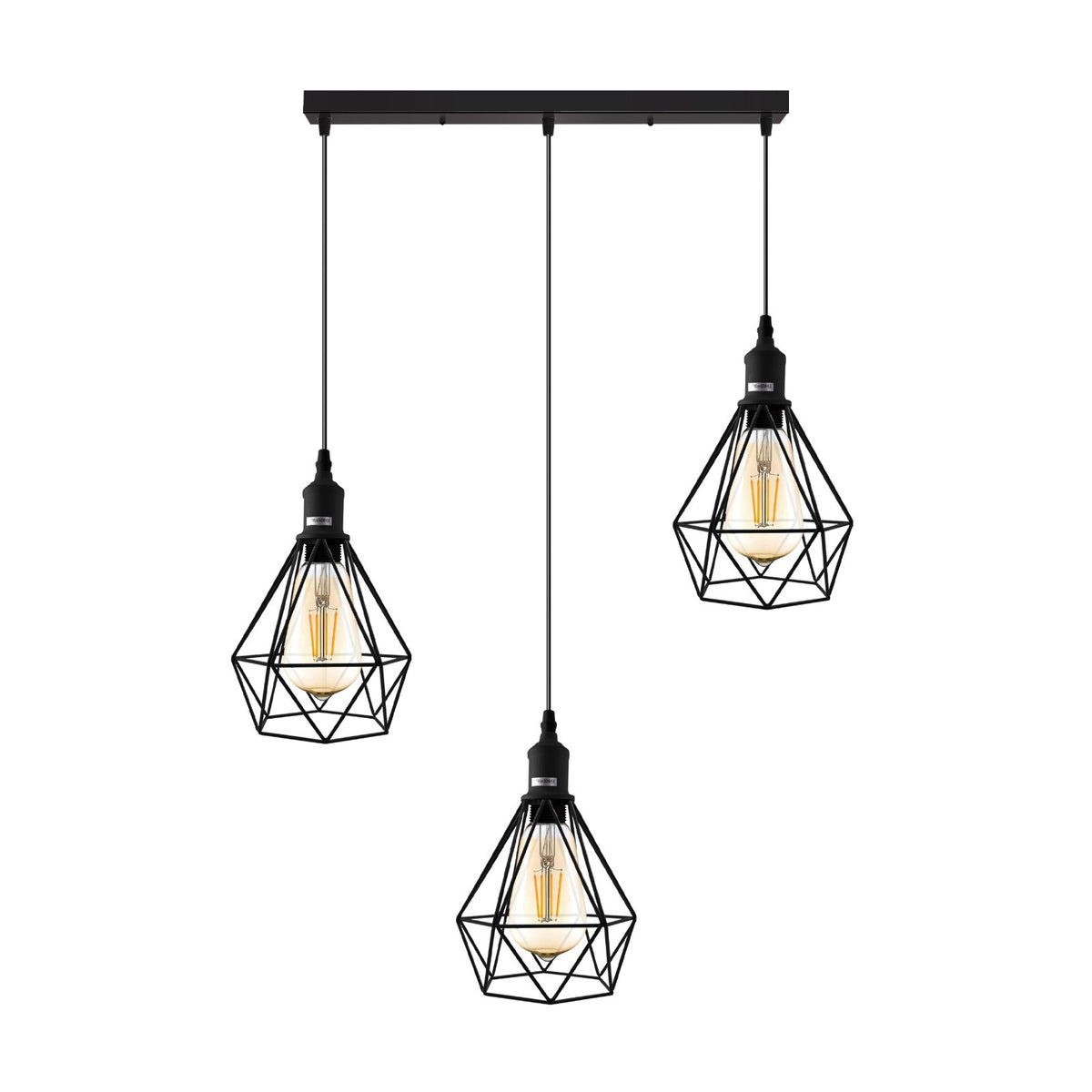 3-Light Diamond Cage Pendant – Black, Round Plate or Bar - Black, Diamond Cage Black, Bar, Without Bulb