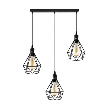 3-Light Diamond Cage Pendant – Black, Round Plate or Bar - Black, Diamond Cage Black, Bar, Without Bulb