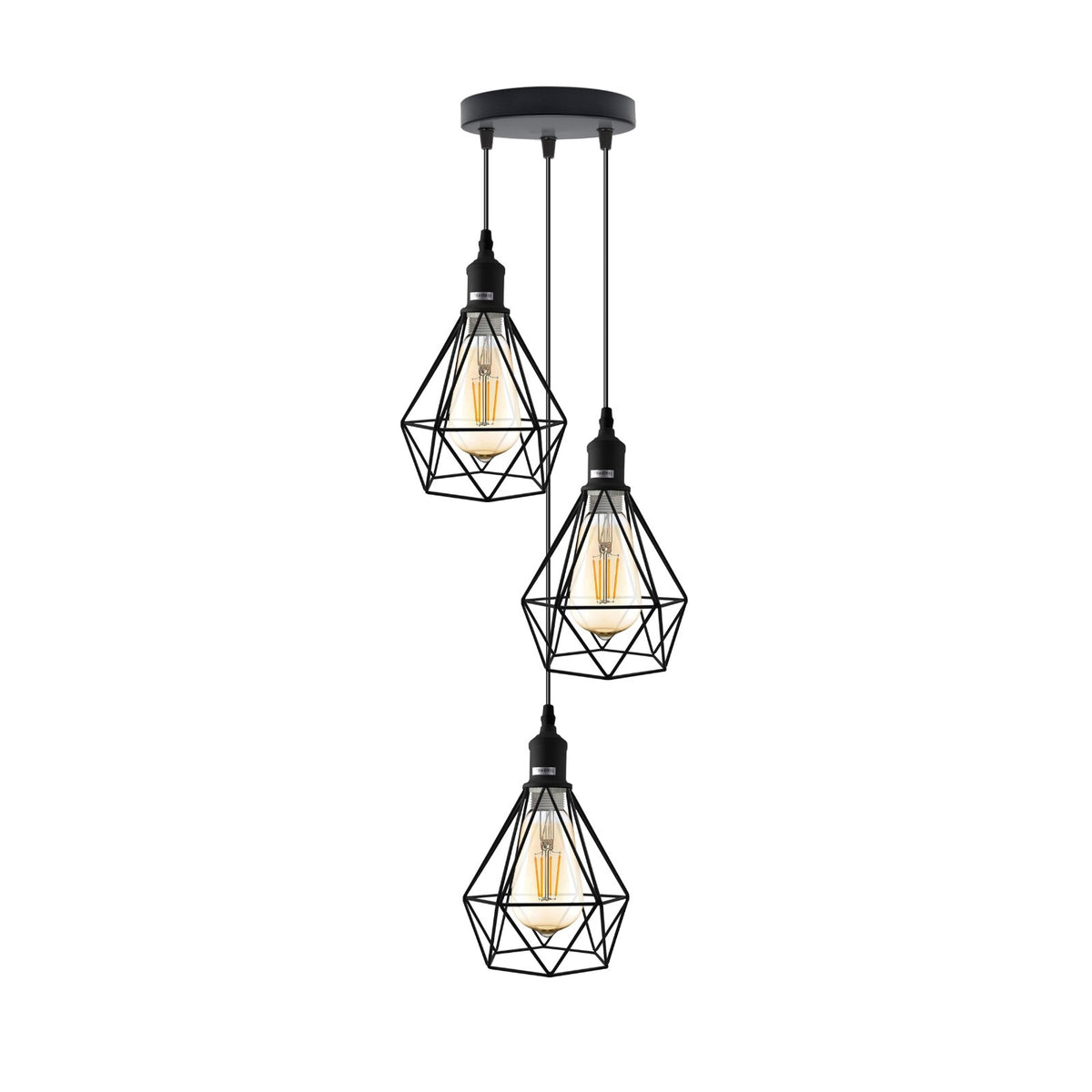 3-Light Diamond Cage Pendant – Black, Round Plate or Bar - Black, Diamond Cage Black, Round Plate, Without Bulb