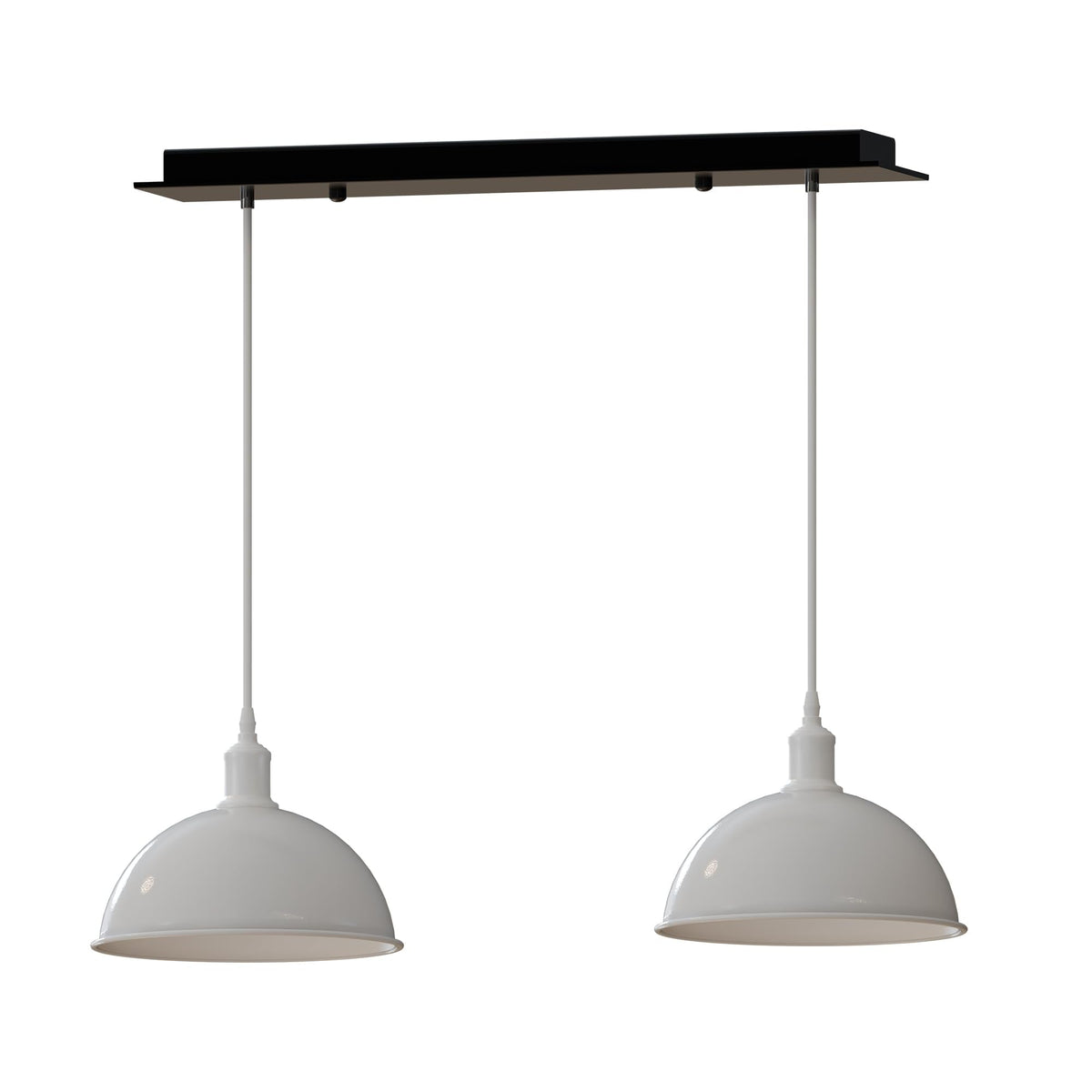 2 Light Dome Bar Pendant – White Shades, 40 cm Black Bar, E27