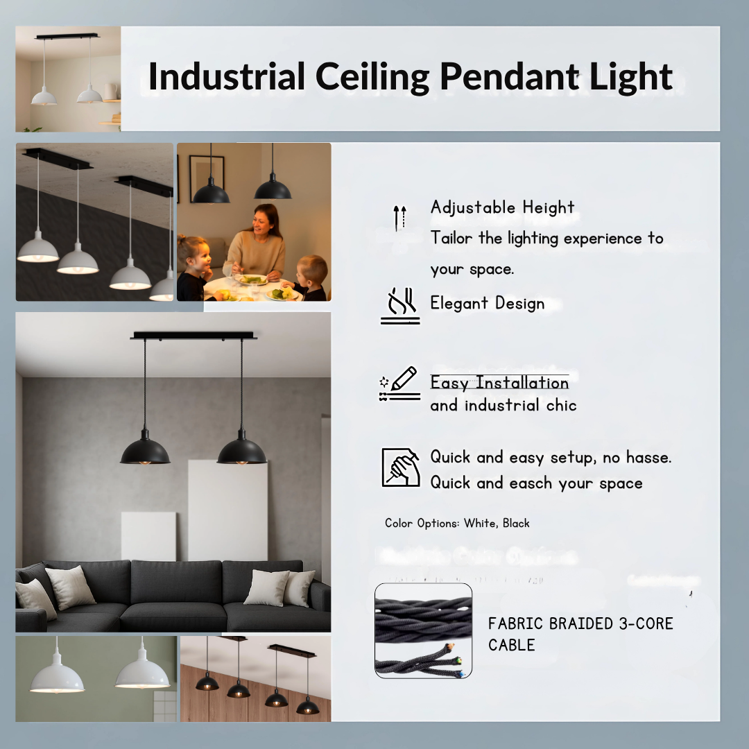 2 Light Dome Bar Pendant – White Shades, 40 cm Black Bar, E27 - photo 2