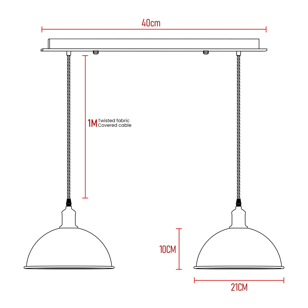 2 Light Dome Bar Pendant – White Shades, 40 cm Black Bar, E27 - photo 3