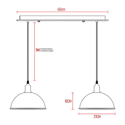 2 Light Dome Bar Pendant – White Shades, 40 cm Black Bar, E27 - photo 3