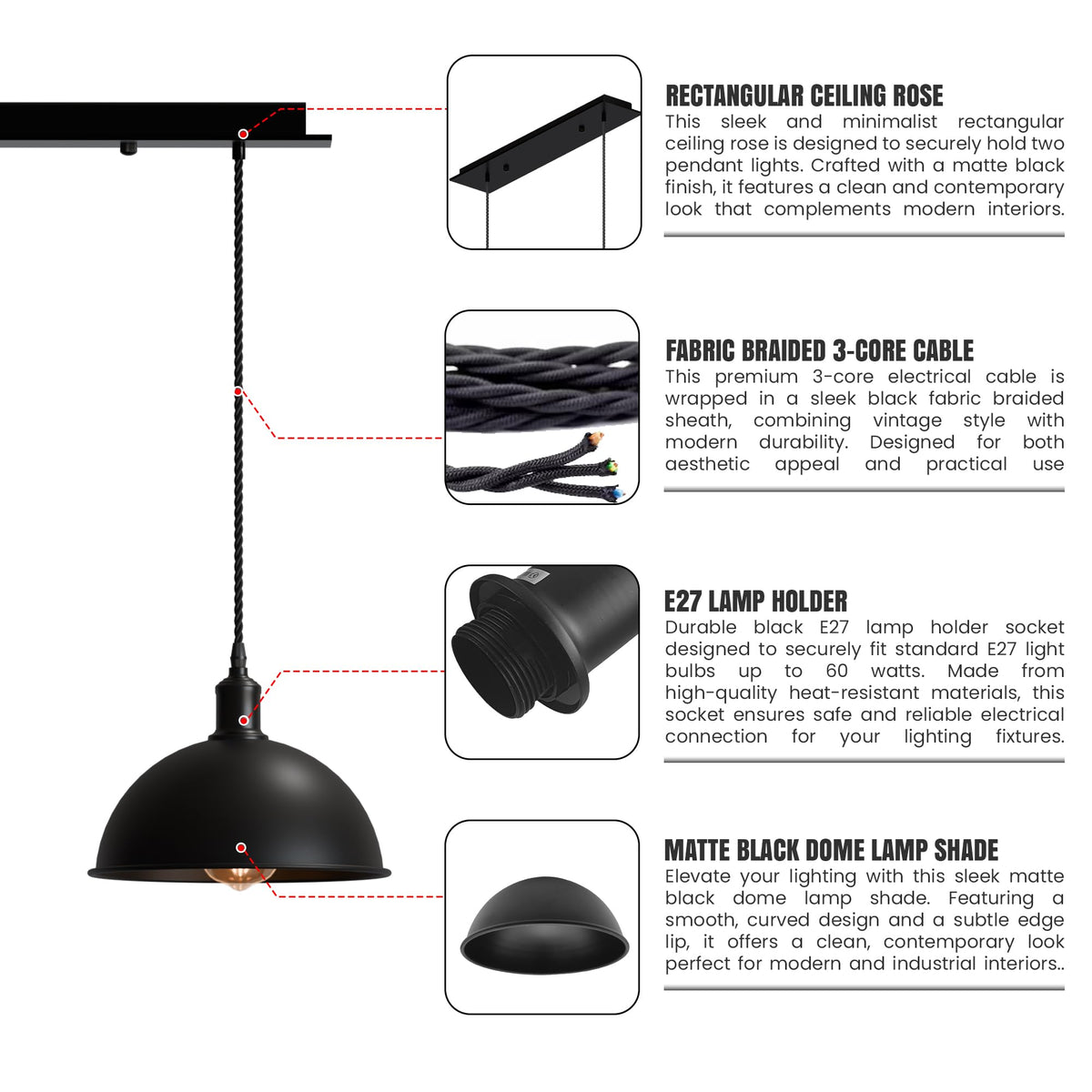 2-Light Dome Pendant on Ceiling Bar – Black, E27 - photo 2
