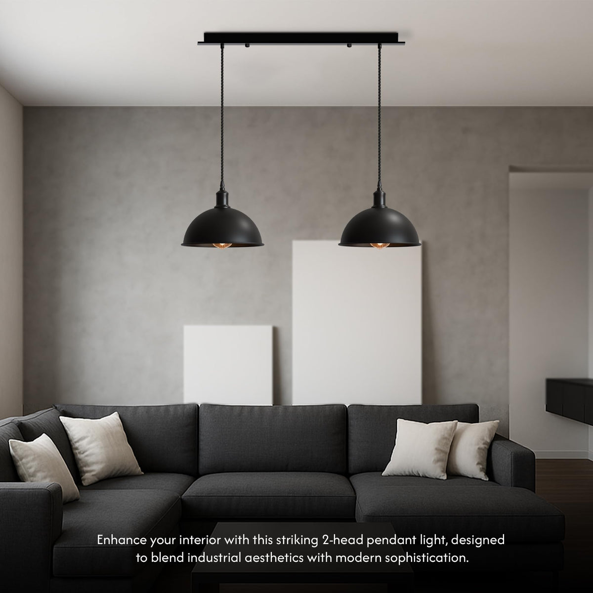 2-Light Dome Pendant on Ceiling Bar – Black, E27 - photo 5