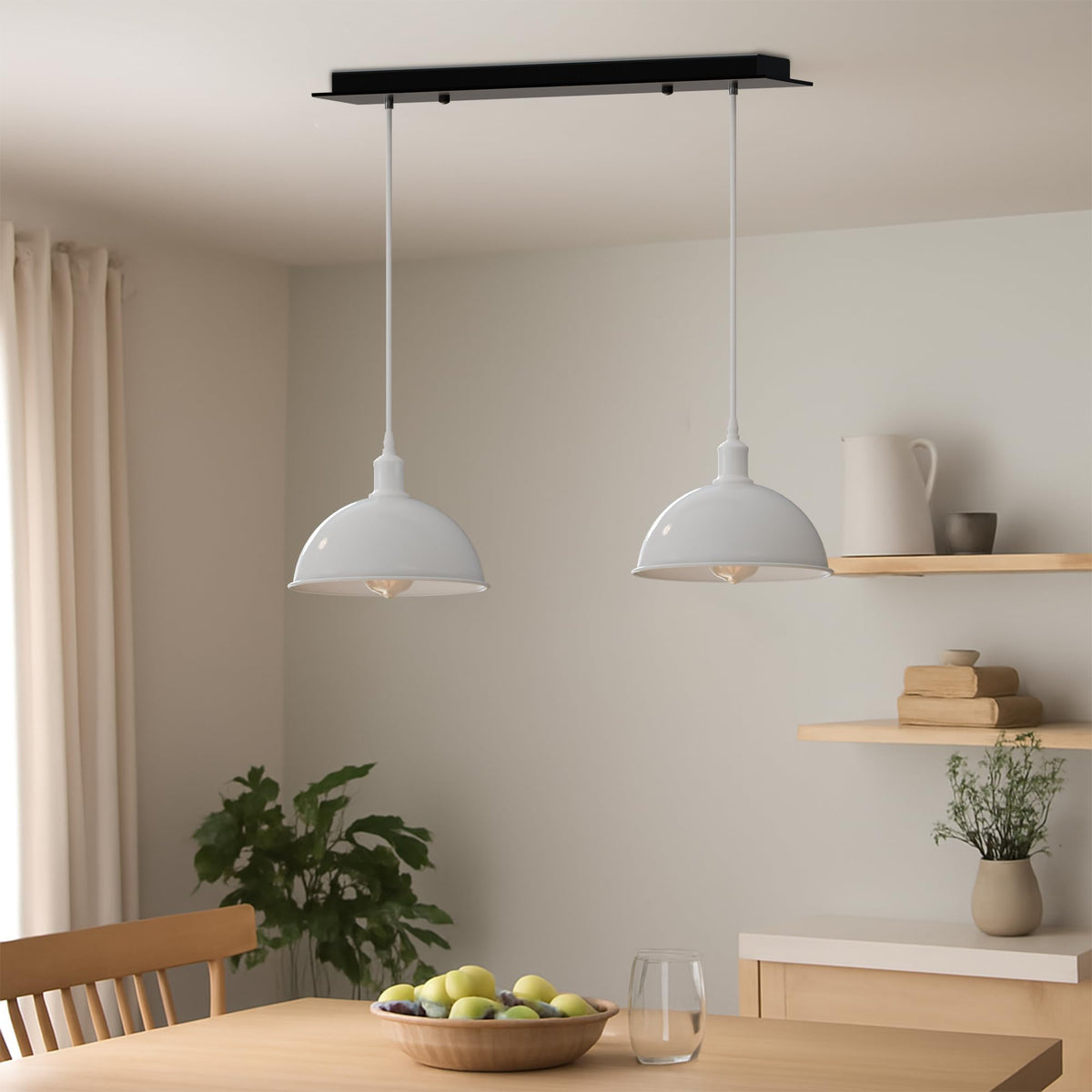 2 Light Dome Bar Pendant – White Shades, 40 cm Black Bar, E27 - photo 4