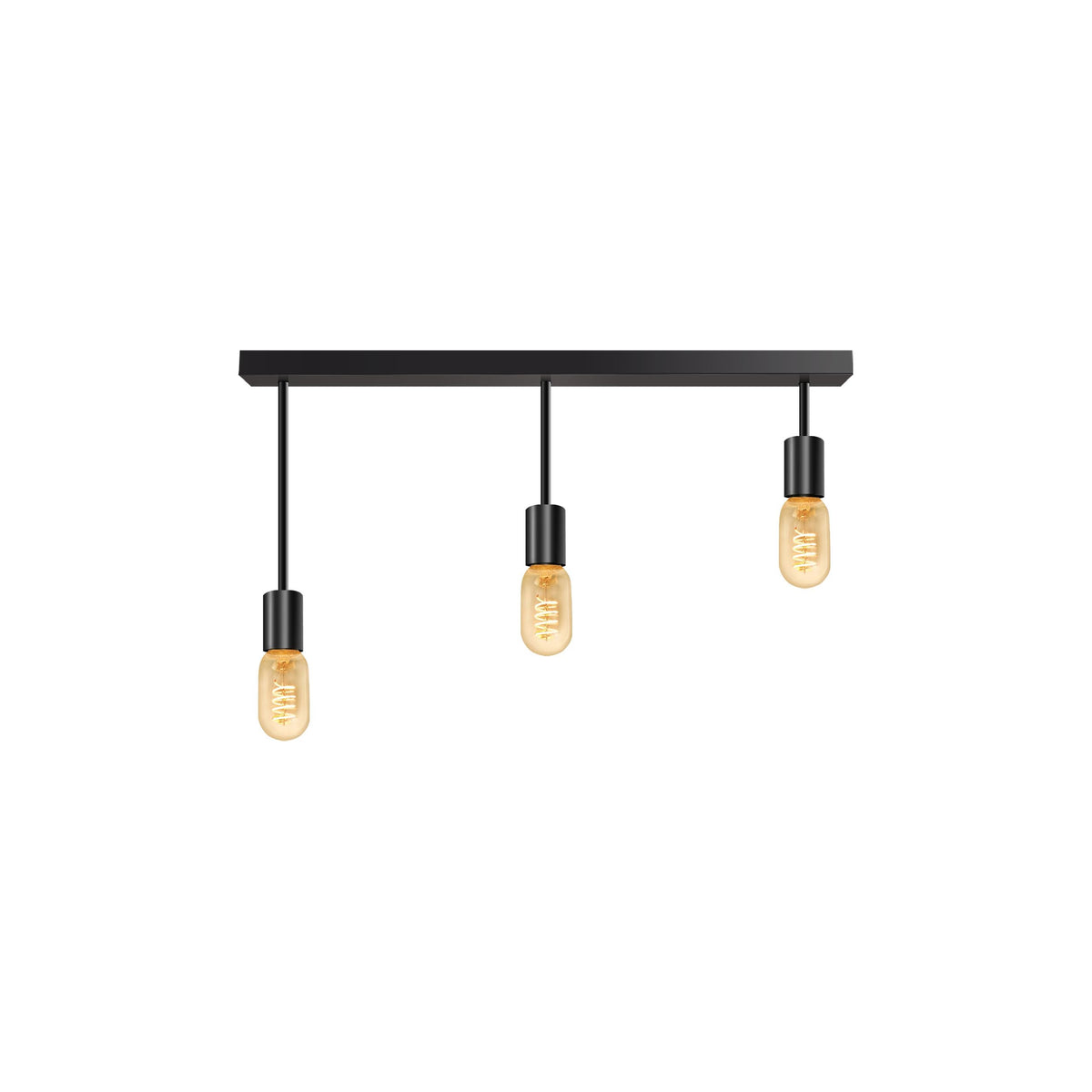 3-Light Ceiling Bar – Black, E27, Fixed Drops - Black, Staggered 15, 10 & 5 cm, ST45 LED Bulb 4W