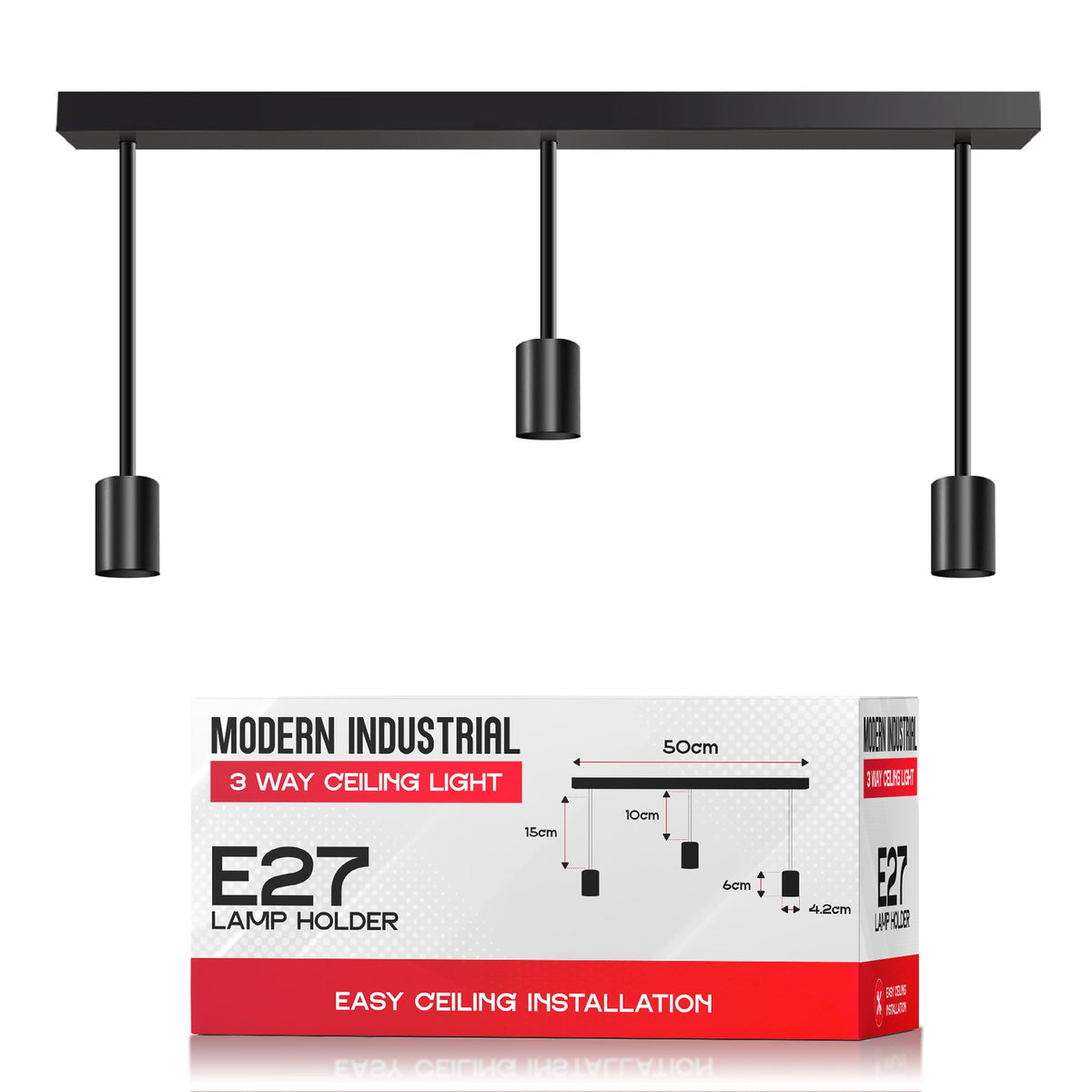 3-Light Ceiling Bar – Black, E27, Fixed Drops - Black, Two 15 cm + One 10 cm, Without Bulb