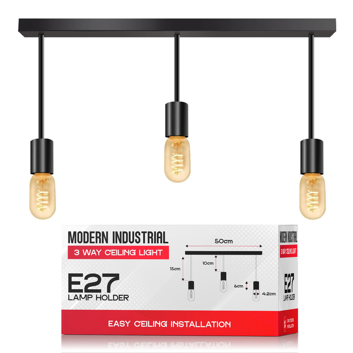 3-Light Ceiling Bar – Black, E27, Fixed Drops - Black, Two 15 cm + One 10 cm, ST45 LED Bulb 4W