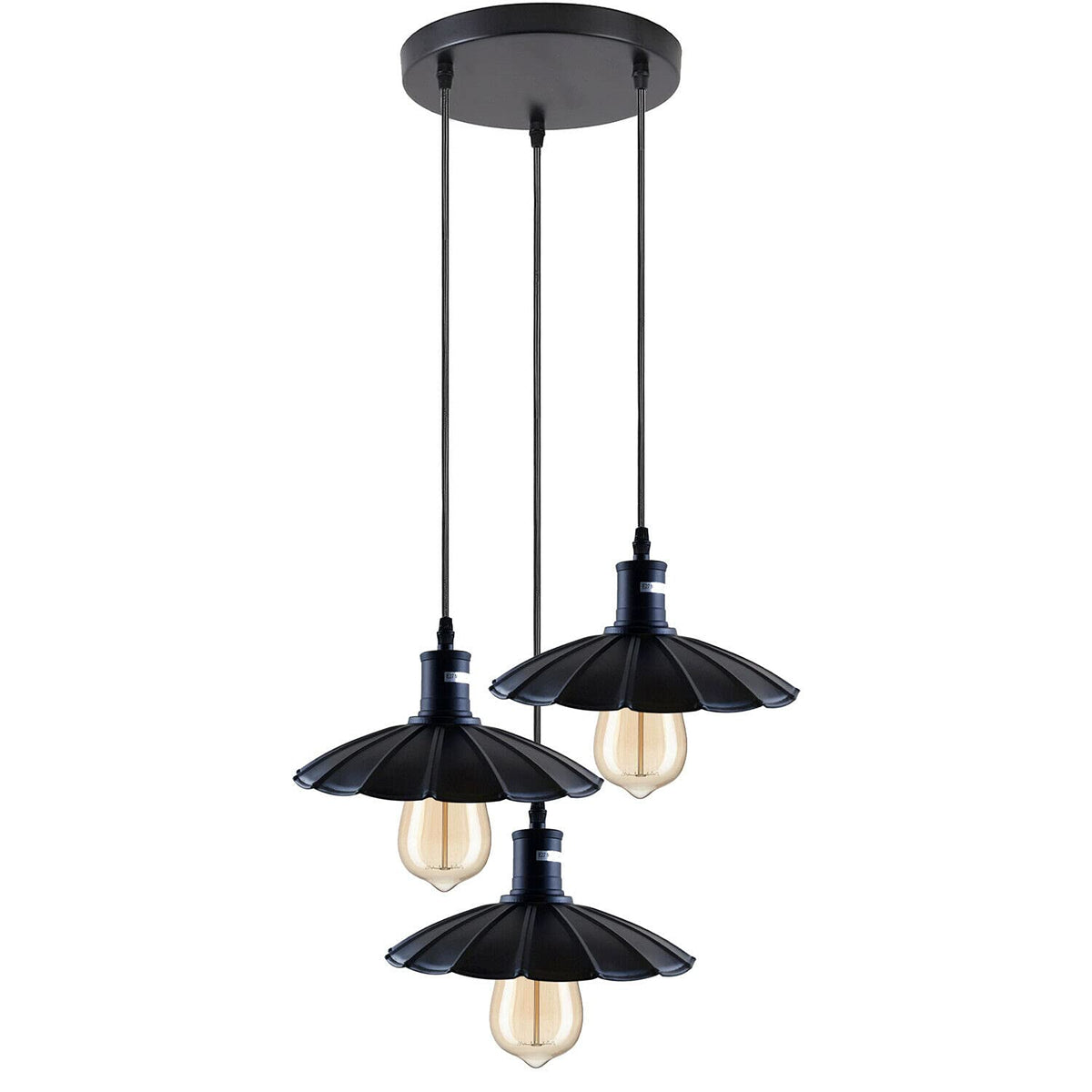 3-Light Pendant – Flat Cone, Small Cone or Diamond Cage Shades, E27 - Black, Lounge 22 cm Black 200 mm Rose, Without Bulb