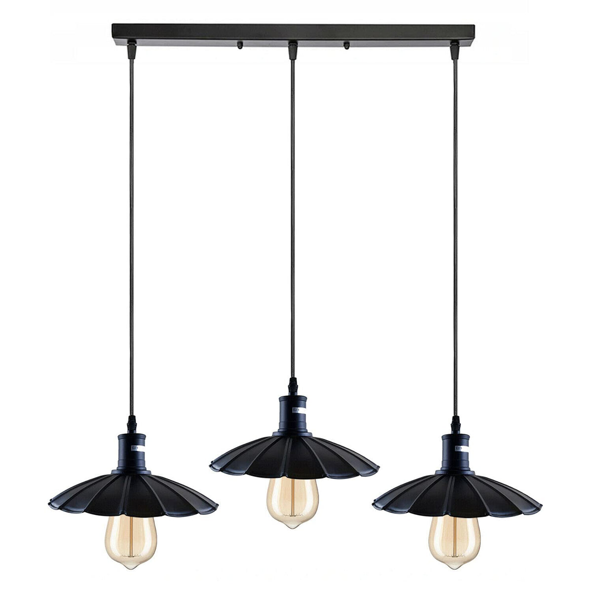 3-Light Pendant – Flat Cone, Small Cone or Diamond Cage Shades, E27 - Black, Lounge 22 cm Black 500 mm Rose, Without Bulb