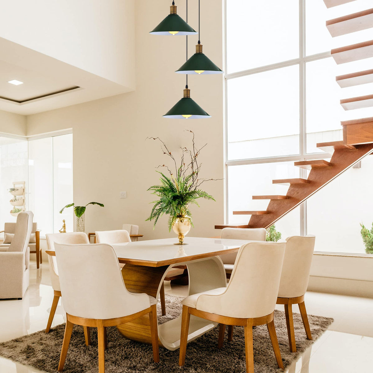 3-Light Pendant – Flat Cone, Small Cone or Diamond Cage Shades, E27 - Yellow Brass, Flat Cone 22 cm Green 200 mm Rose, Without Bulb