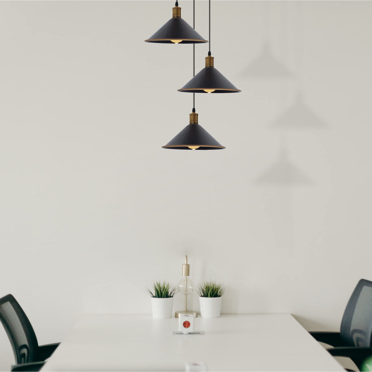 3-Light Pendant – Flat Cone, Small Cone or Diamond Cage Shades, E27 - Yellow Brass, Flat Cone 22 cm Black & Gold Line 200 mm Rose, Without Bulb