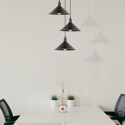 3-Light Pendant – Flat Cone, Small Cone or Diamond Cage Shades, E27 - Yellow Brass, Flat Cone 22 cm Black & Gold Line 200 mm Rose, Without Bulb